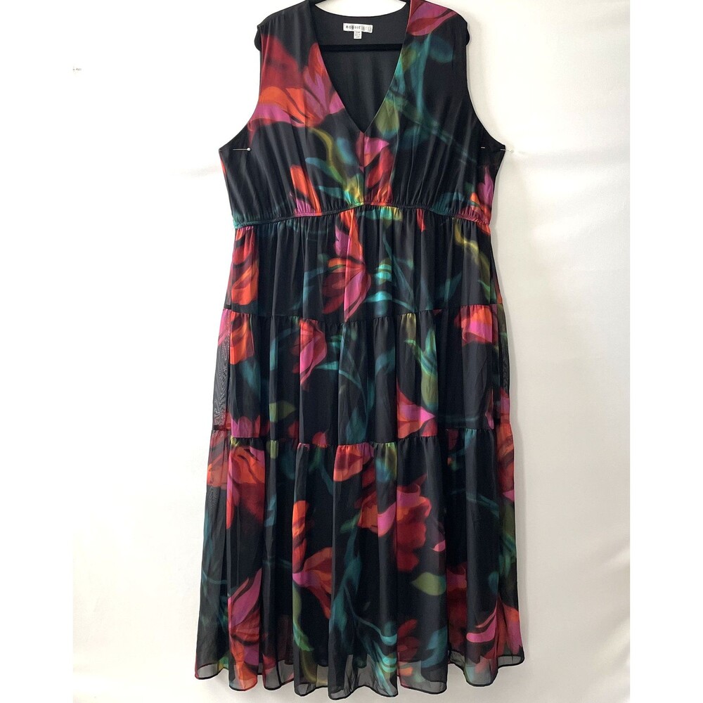 Robbie Bee Sleeveless Tiered Maxi Dress Floral Black Polyester Size 20 -C